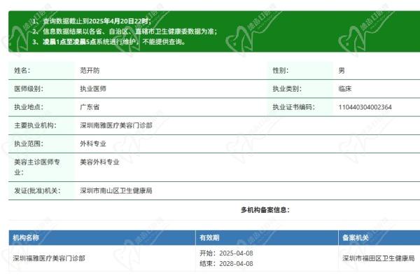 深圳南雅醫(yī)療美容門診部范開防醫(yī)生資質認證
